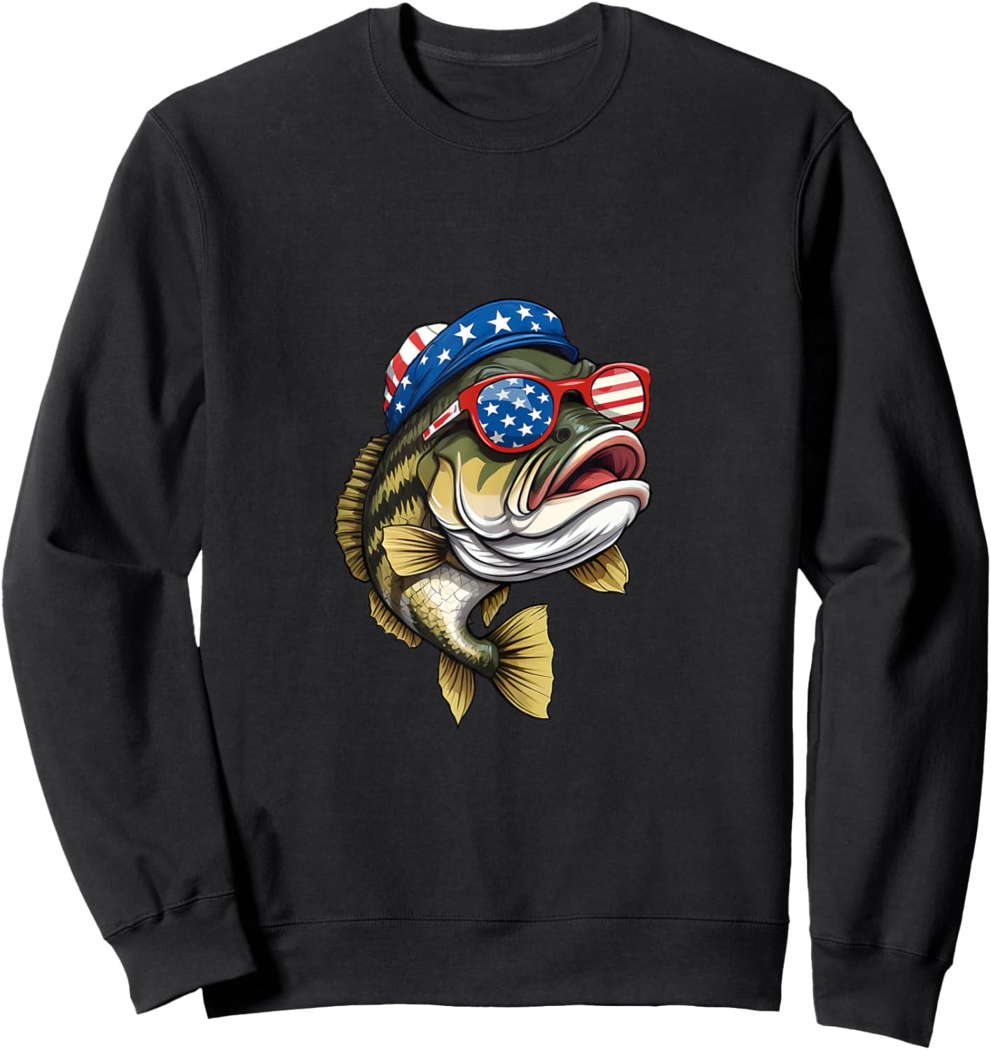 Bass Fish 4th Of July American US Flag Patriotic Fishing Sweatshirt - Sweatshirt | Black
