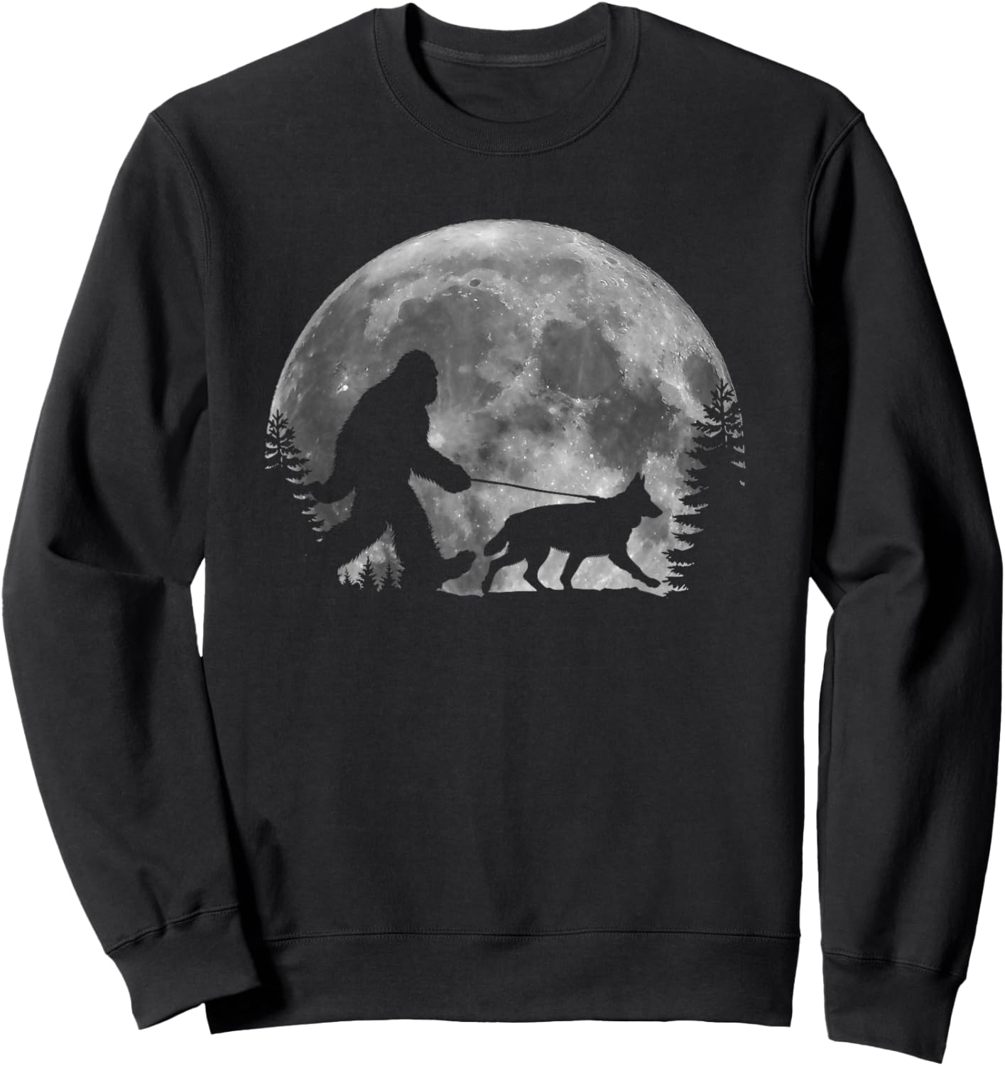 Bigfoot Walking a Dog Funny German Shepherd Moon Halloween Sweatshirt - Sweatshirt | Black