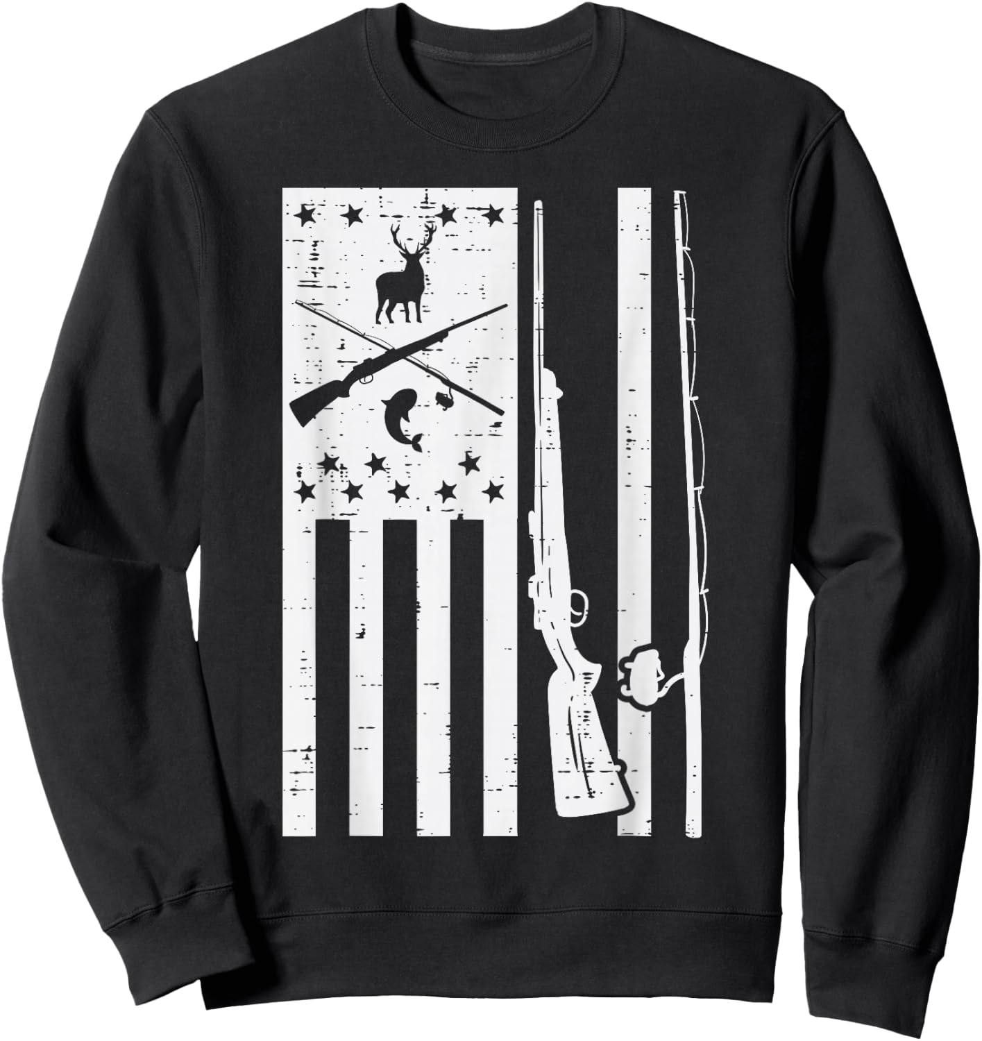 White US Flag Rifle Fishing Rod Fish Deer Hunting Patriotic Sweatshirt - Sweatshirt | Black