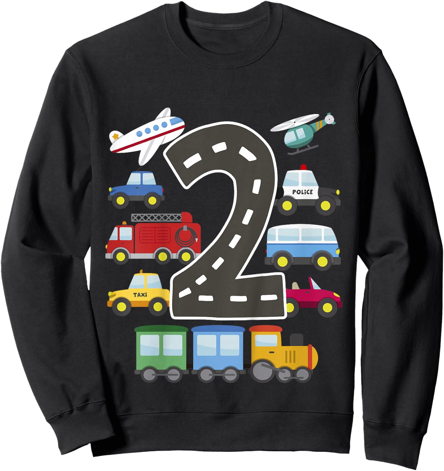 Kids 2 Year Old Transportation Birthday Car Train Plane 2nd Gift Sweatshirt - Sweatshirt | Black