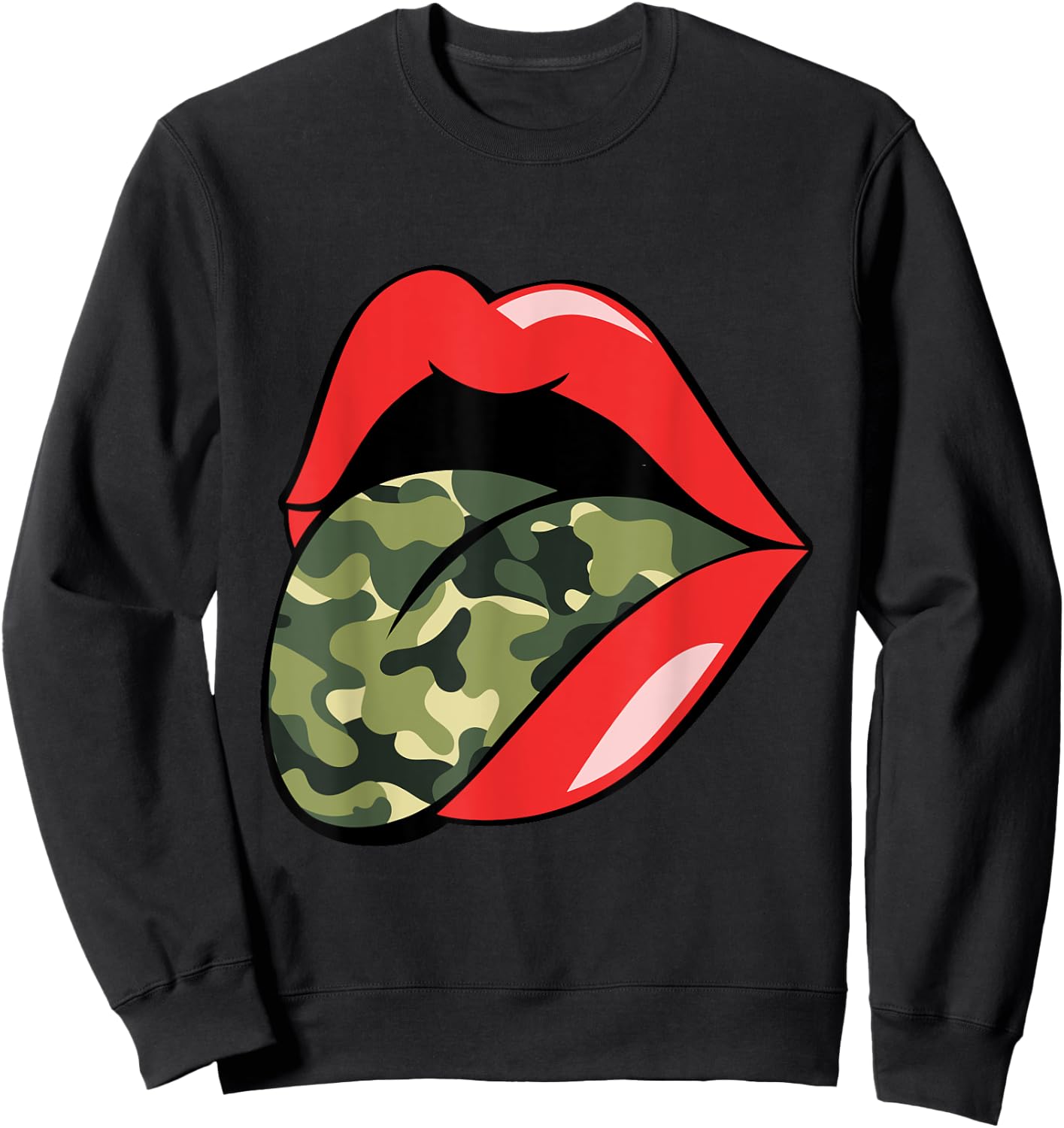 Red Lips Tongue Camouflage Military Trendy Grunge Funny Sweatshirt - Sweatshirt | Black
