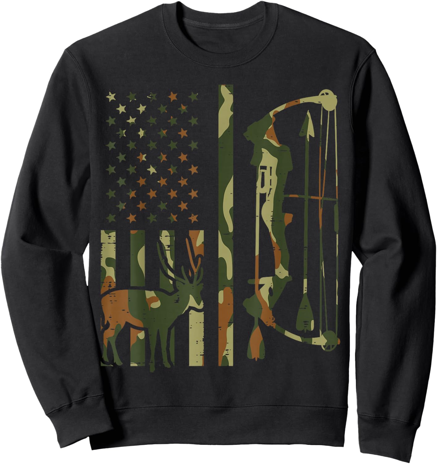 Camo Flag Deer Bow Hunting Patriotic Hunter Dad Archer Sweatshirt - Sweatshirt | Black