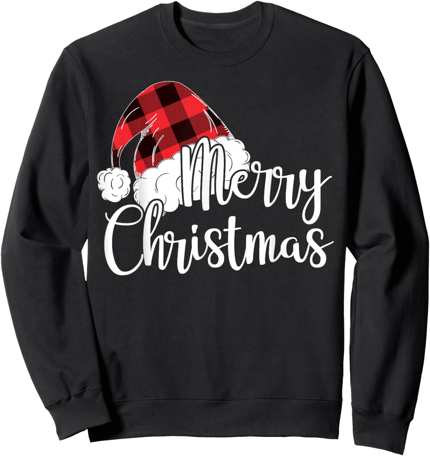 Merry Christmas Gift Cute Plaid Santas Hat Funny Women Xmas Sweatshirt - Sweatshirt | Black