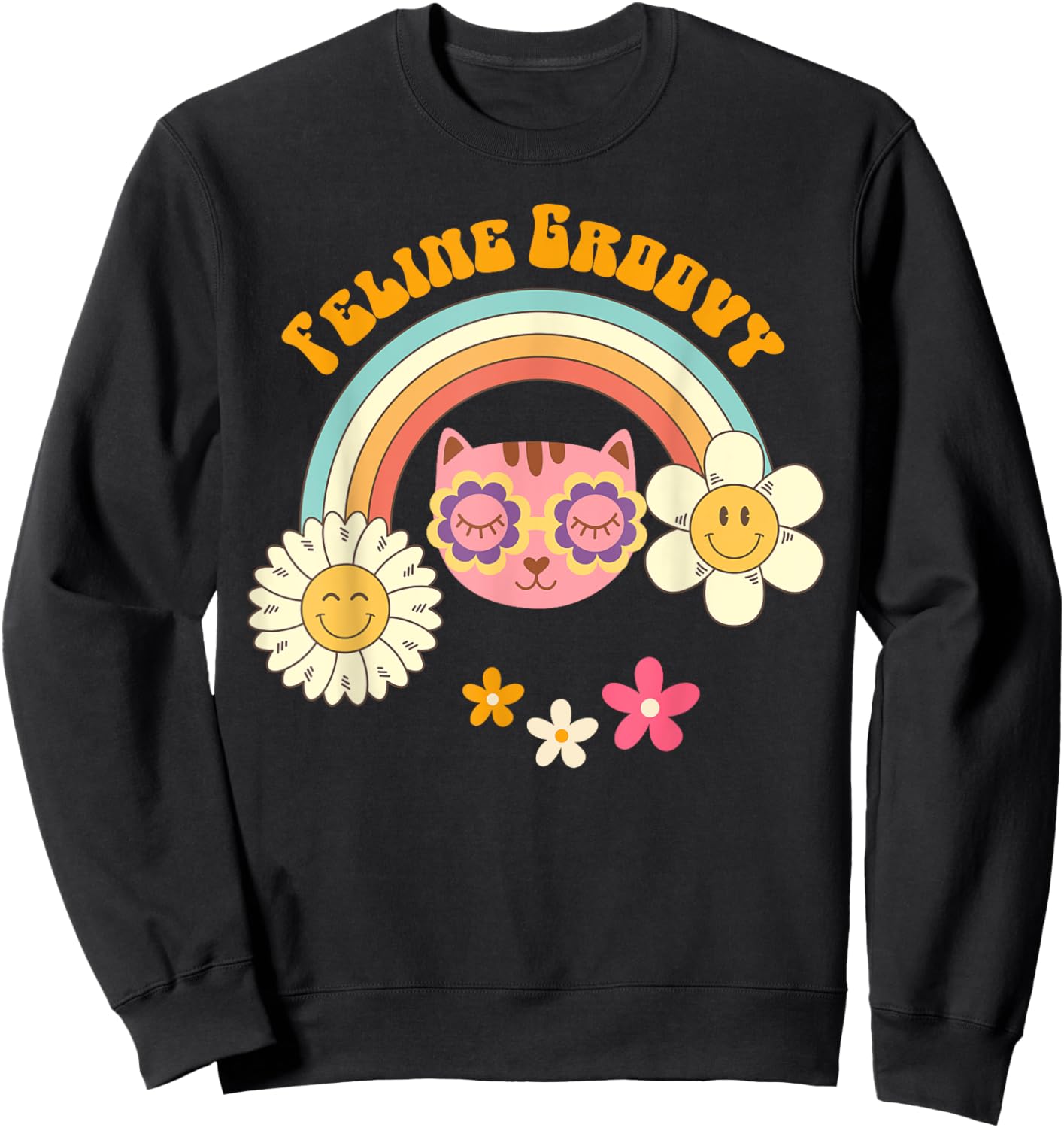Retro Cat 70's Style: Feline Groovy Rainbow Cat Mom Shirt Women Sweatshirt - Sweatshirt | Black