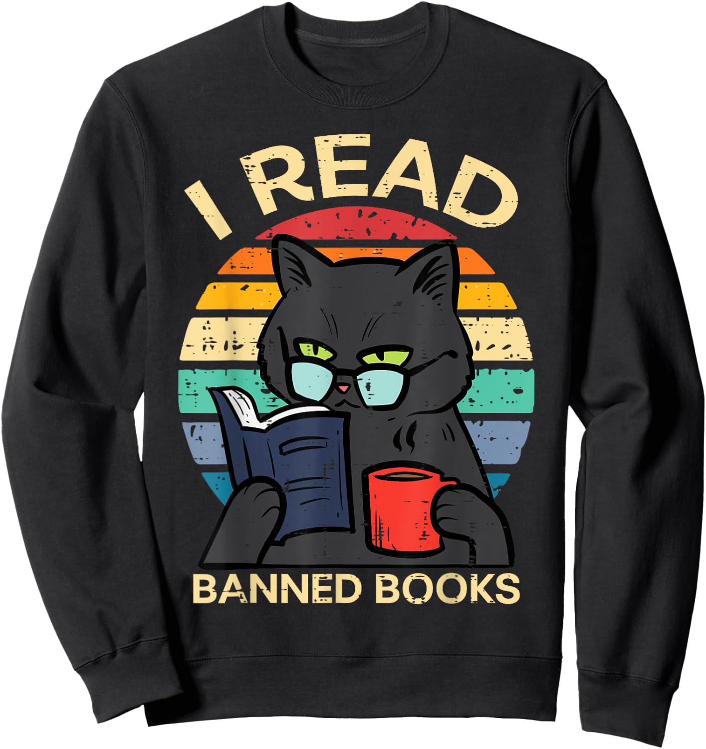 Black Cat Banned Books Funny Read Reading Librarian Women Sweatshirt - Sweatshirt | Black