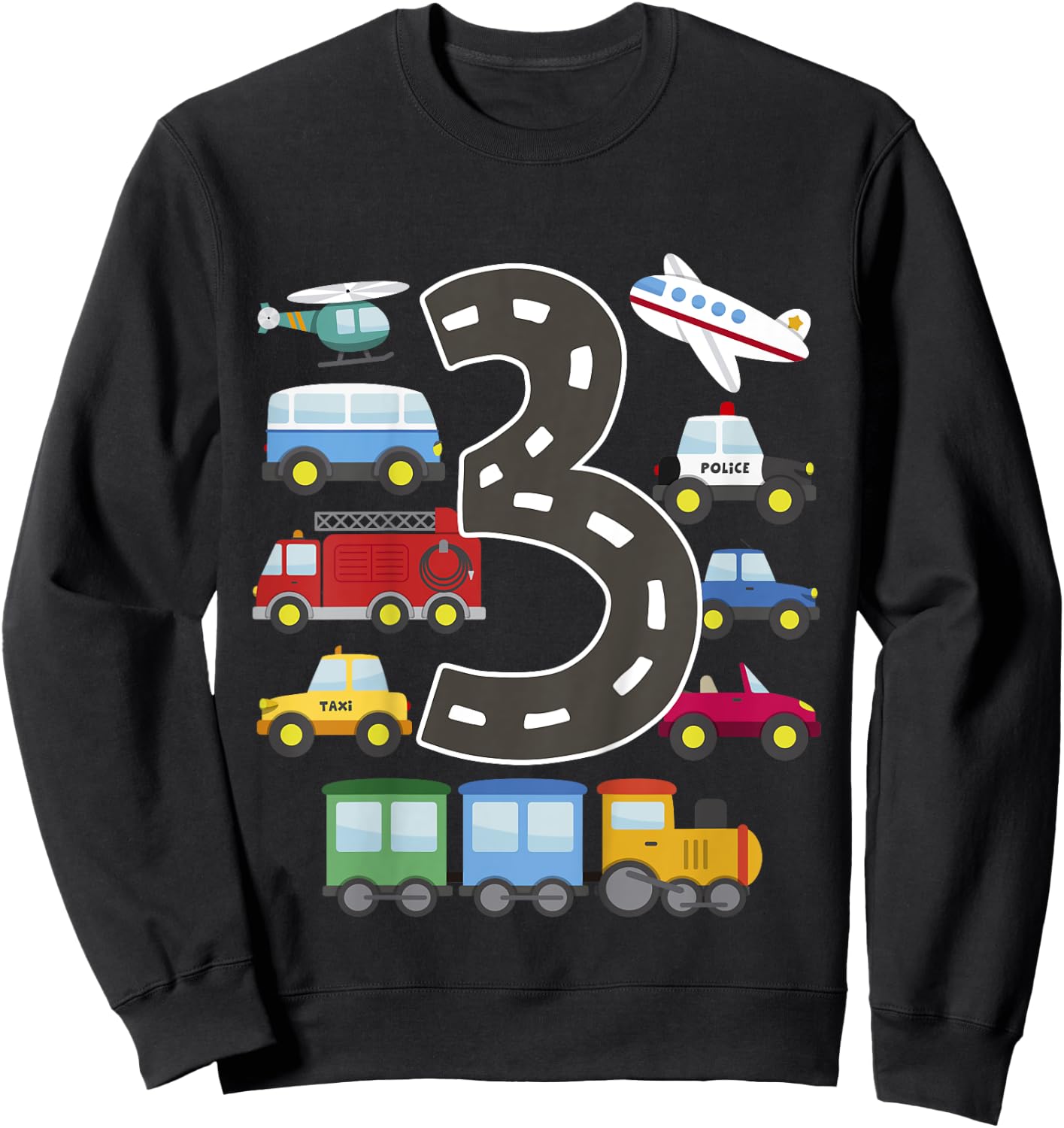 3 Year Old Transportation Birthday Car Train Plane 3rd Gift Sweatshirt - Sweatshirt | Black