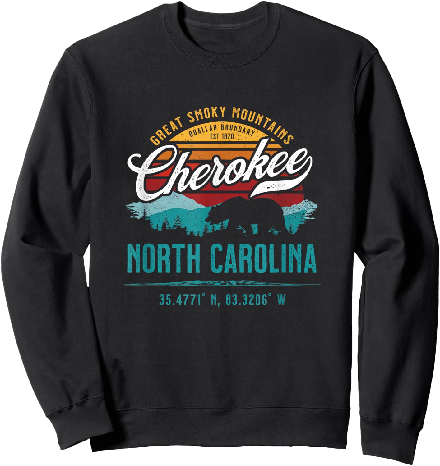Cherokee North Carolina Retro Sunset Great Smoky Mountains Sweatshirt - Sweatshirt | Black
