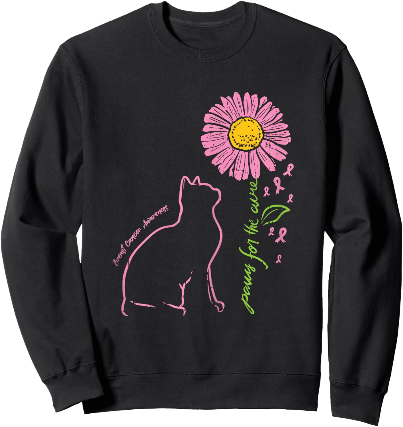 Cat Flower Paw For Cure Breast Cancer Awareness Support Gift Sweatshirt - Sweatshirt | Black