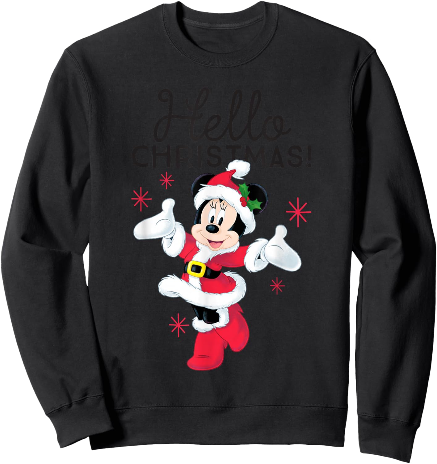 Disney Santa Minnie Mouse Hello Christmas Holiday Short Sleeve Sweatshirt - Sweatshirt | Black