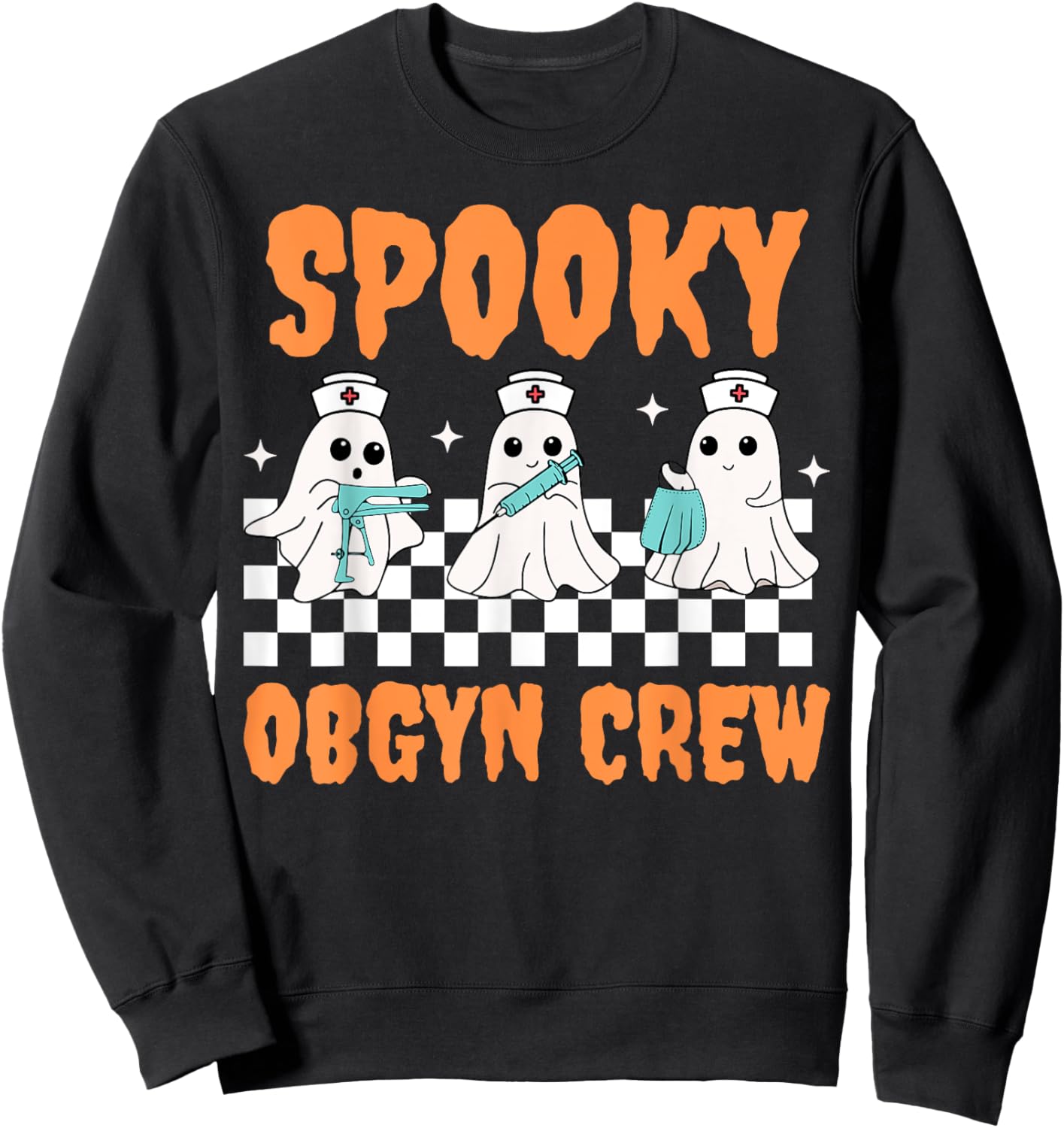 Retro Spooky OBGYN Crew Ghost Obstetrics Nurse Halloween Sweatshirt - Sweatshirt | Black
