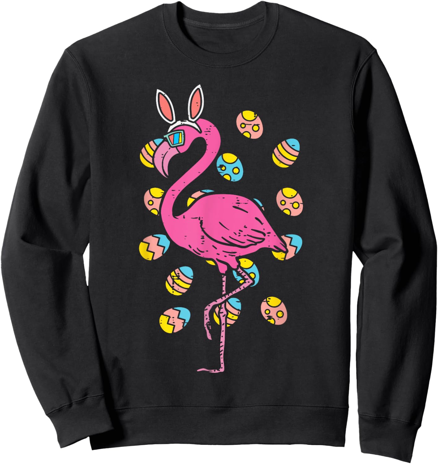 Flamingo Bunny Ears Glasses Eggs Easter Bird Animal Women Sweatshirt - Sweatshirt | Black