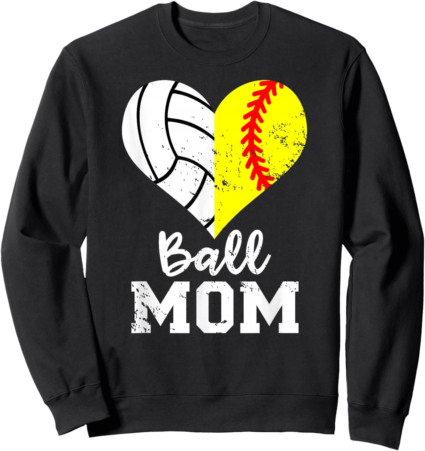 Ball Mom Heart Funny Softball Volleyball Mom Sweatshirt - Sweatshirt | Black