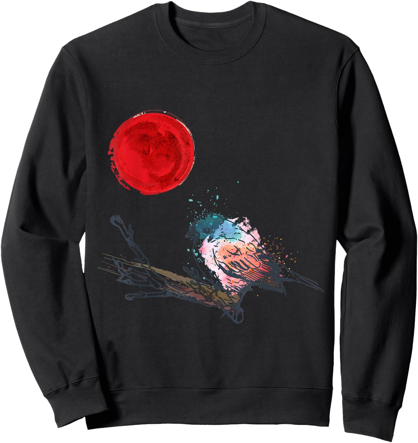 Murakami Birding Retro Colorful Bird Matching Red Moon Style Sweatshirt - Sweatshirt | Black