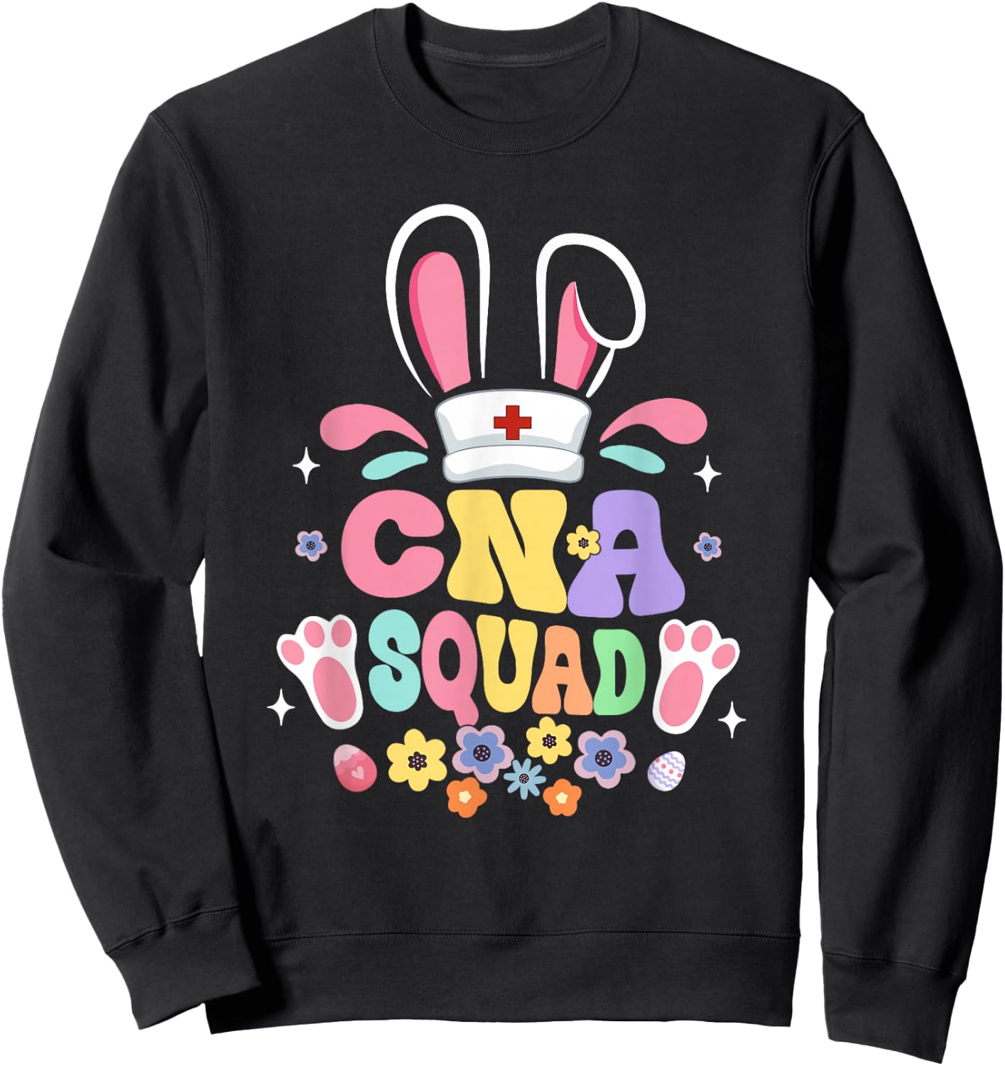 Retro Groovy CNA Squad Bunny Ear Flower Easter Sweatshirt - Sweatshirt | Black
