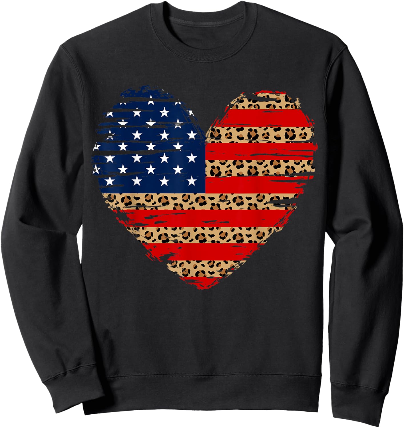 American Flag Heart 4th of July Leopard Print USA Patriotic Sweatshirt - Sweatshirt | Black
