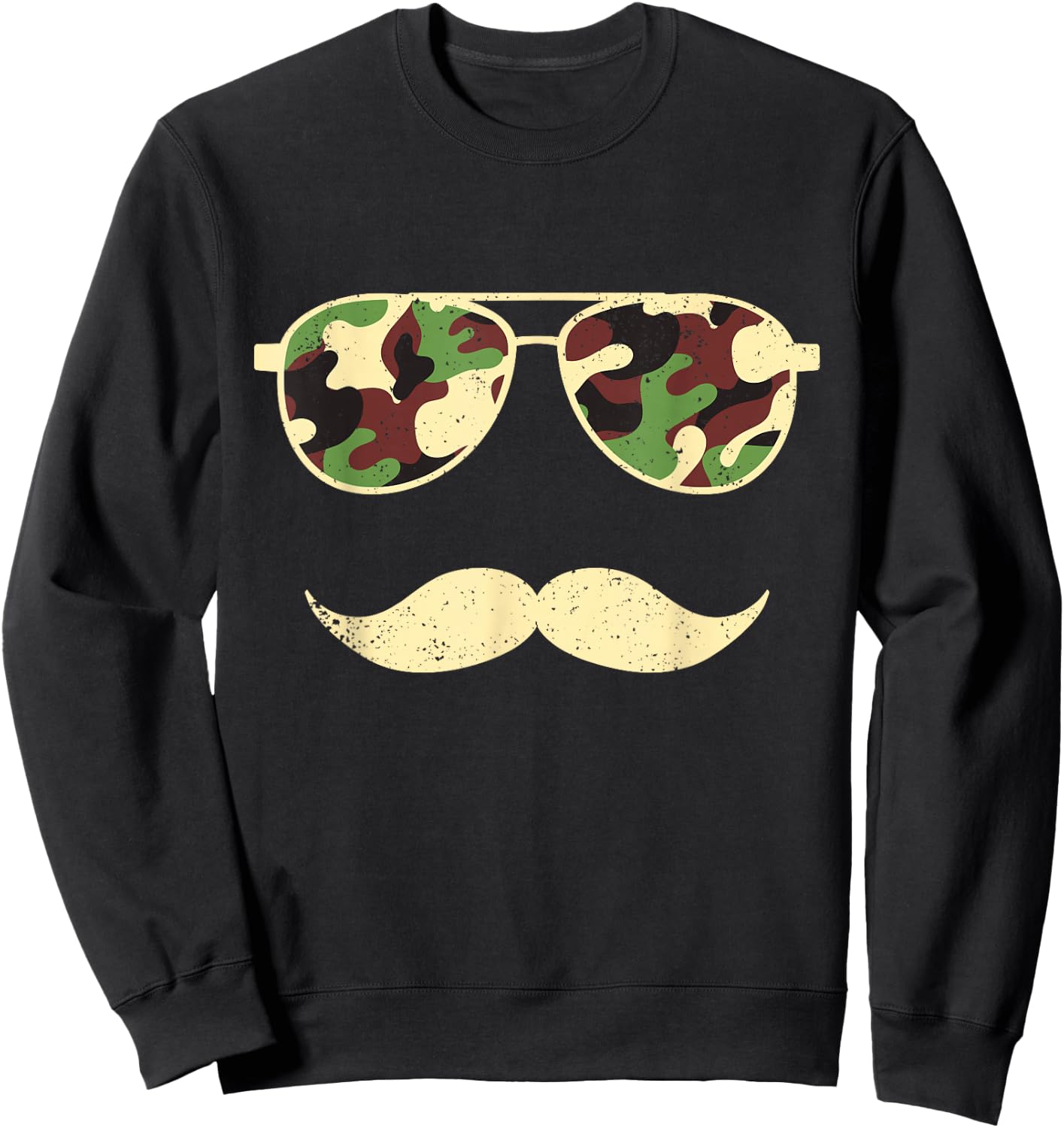 Camo Sunglasses Mustache Funny Retro Camo Veterans Day Sweatshirt - Sweatshirt | Black
