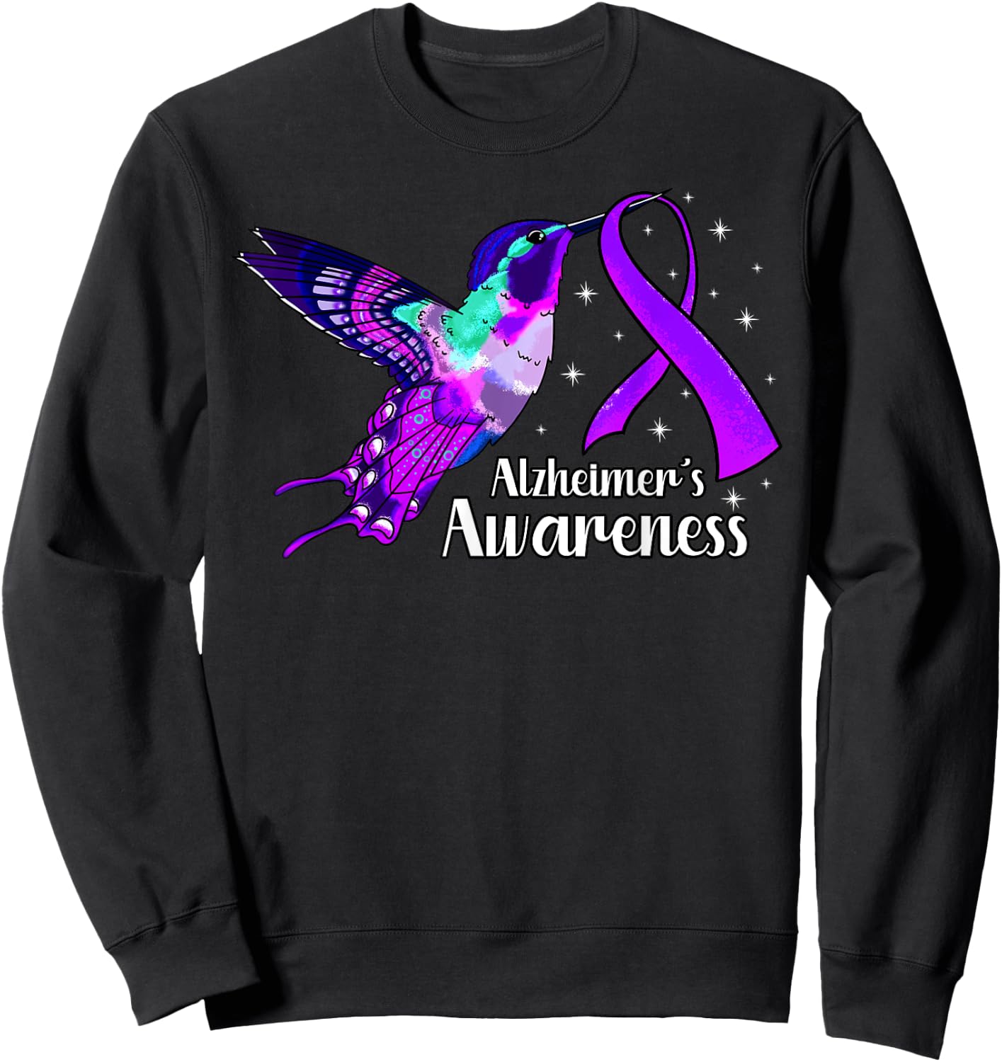 Alzheimer's Disease AD Hummingbird Purple Awareness Ribbon Sweatshirt - Sweatshirt | Black