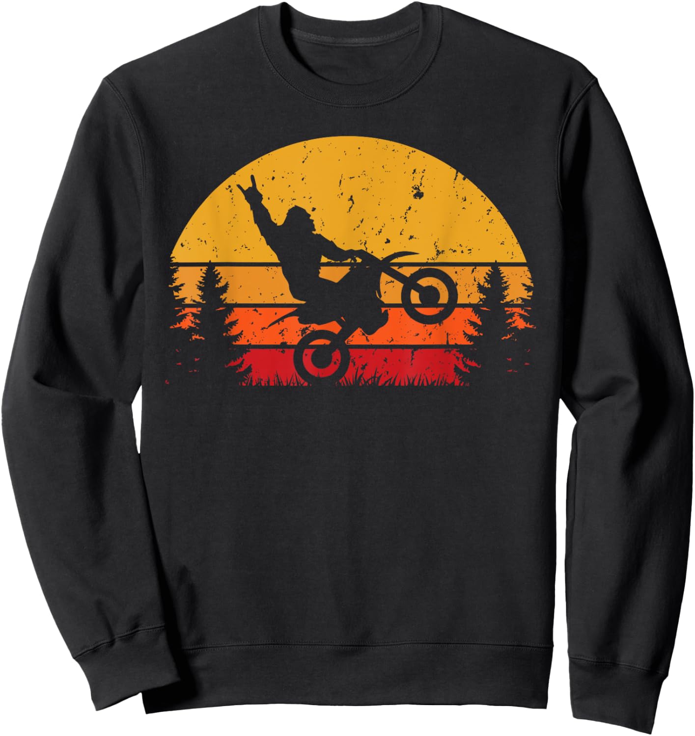 Funny Bigfoot Sasquatch Retro Sunset Riding Dirt Bike Sweatshirt - Sweatshirt | Black