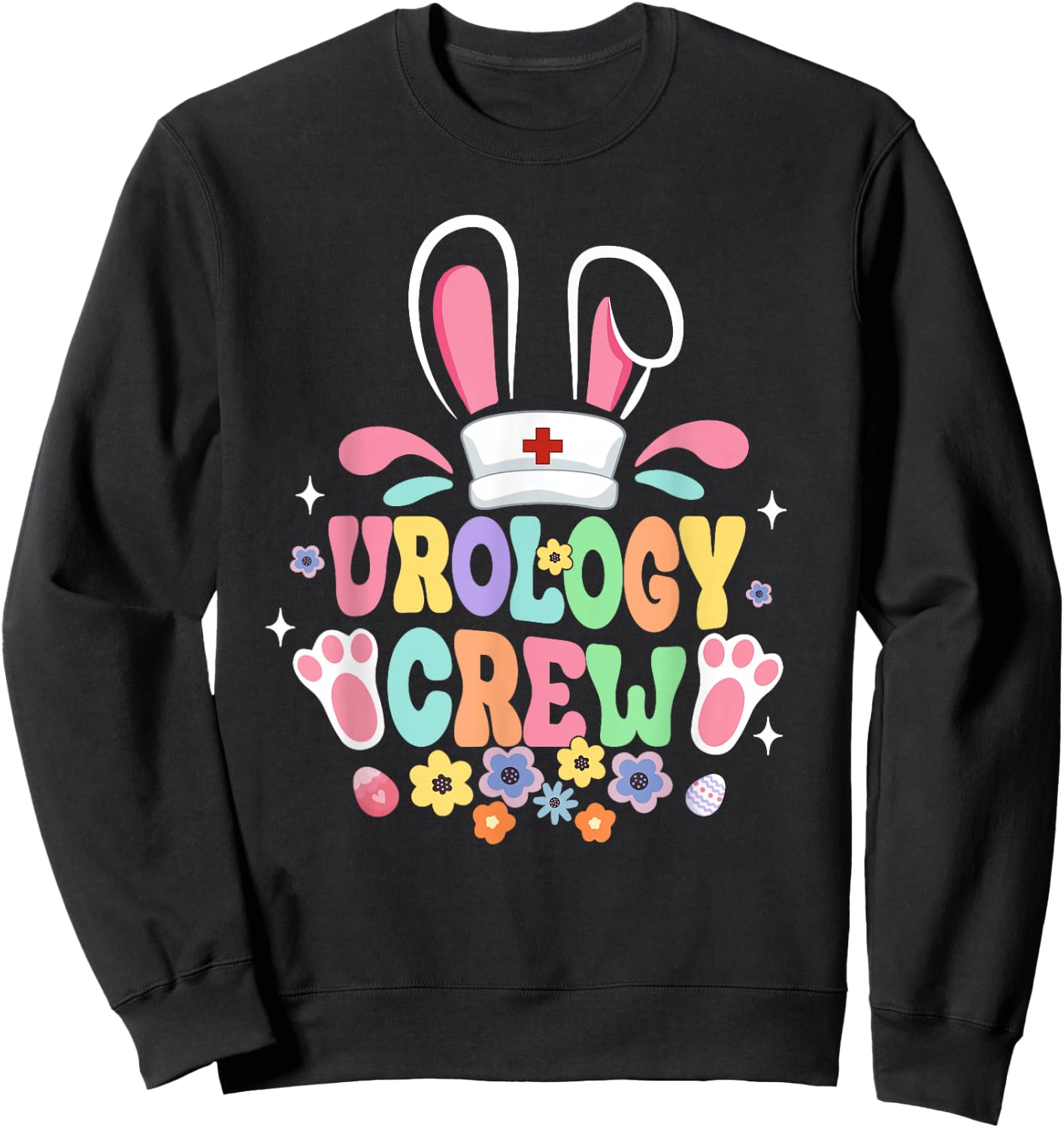 Groovy Urology Crew Urology Nurse Bunny Ear Flower Easter Sweatshirt - Sweatshirt | Black