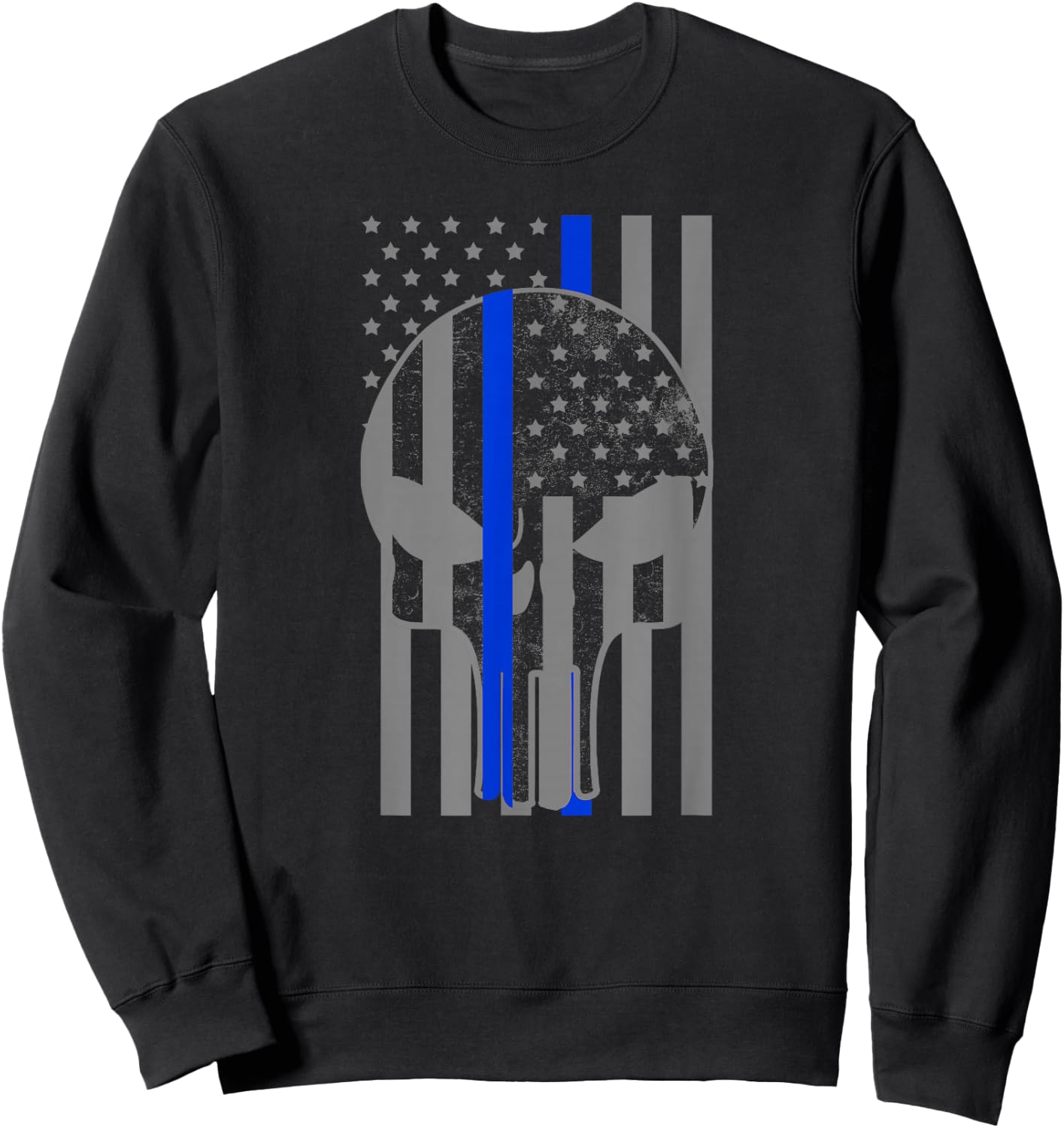 Grey American Flag Skull Thin Blue Line Police Officer Gift Sweatshirt - Sweatshirt | Black