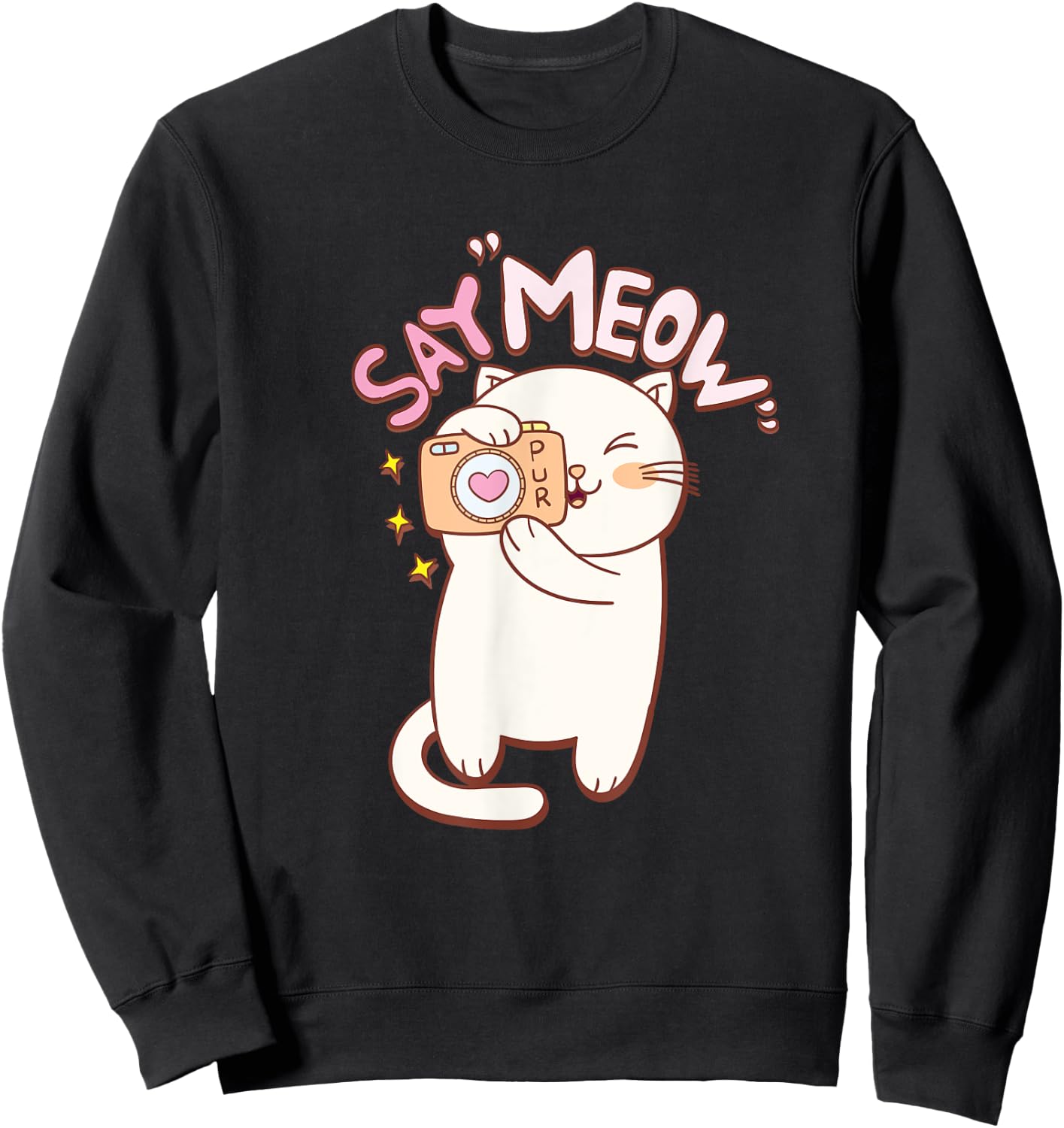 Cute Cat with Camera Saying Meow Sweatshirt - Sweatshirt | Black