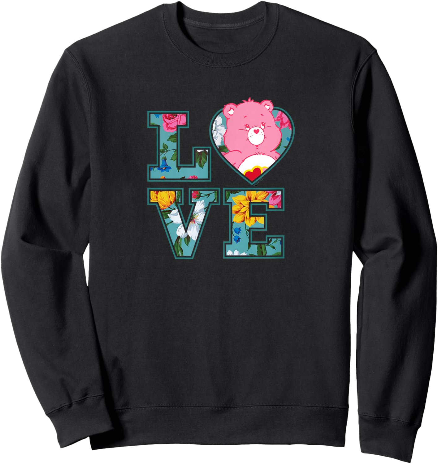 Care Bears Love Floral Block Letters Cute Cartoon Sweatshirt - Sweatshirt | Black