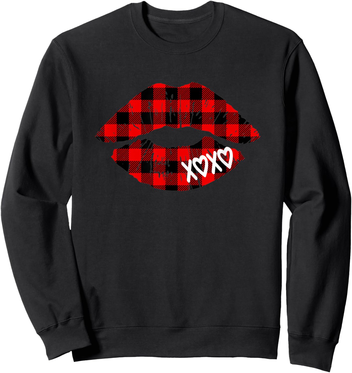 Red Buffalo Plaid Lips T Shirt Valentine Day XOXO Women Girl Sweatshirt - Sweatshirt | Black
