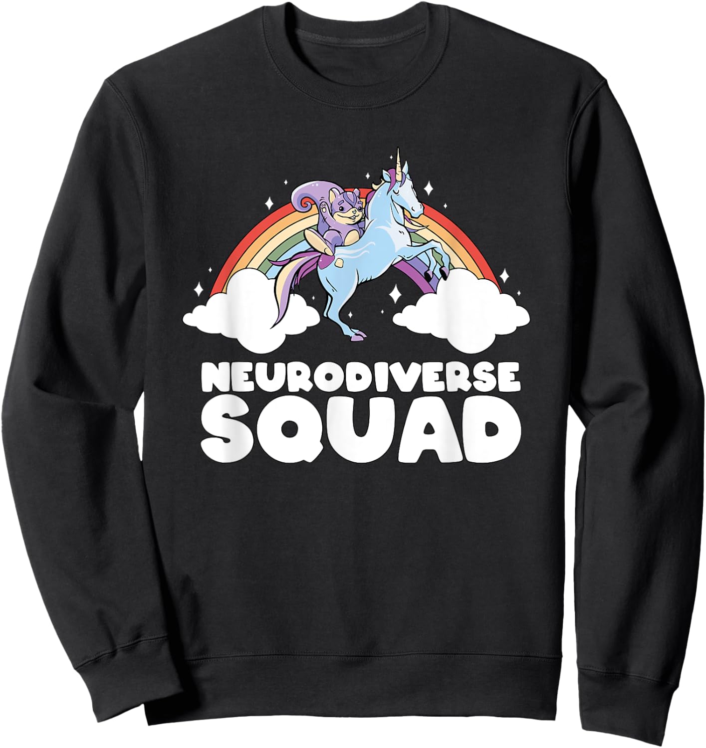 Neurodiverse Squad ADHD Squirrel Unicorn Rainbow Autism Sweatshirt - Sweatshirt | Black