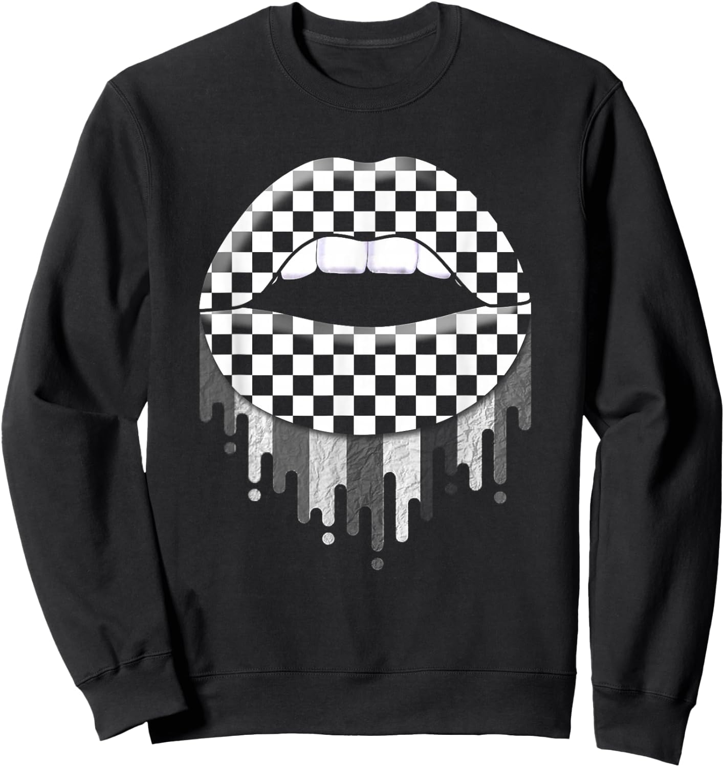 Checkered Black White Lip Cute Checkerboard Sweatshirt - Sweatshirt | Black