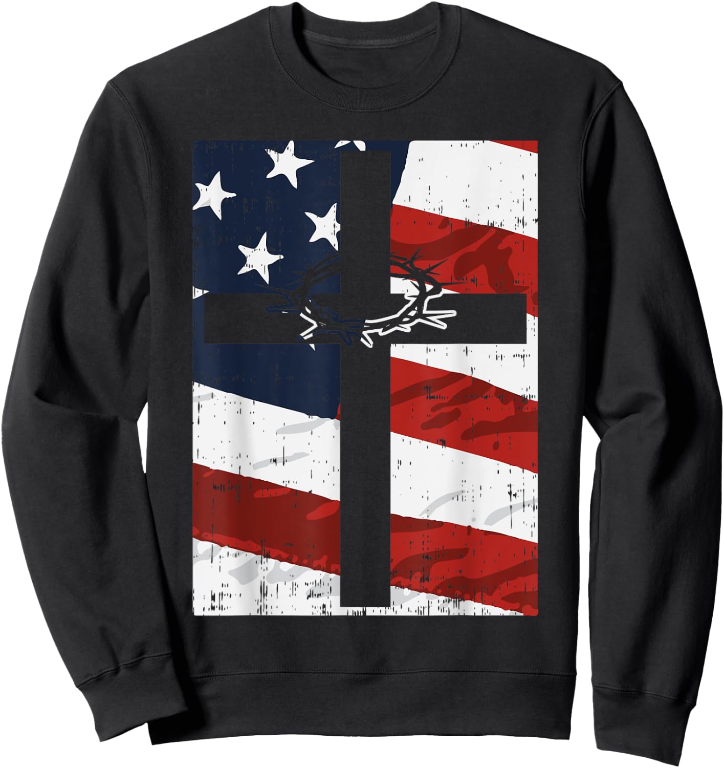 Cross American Flag Thorn God Jesus Faith Christian Gift Sweatshirt - Sweatshirt | Black