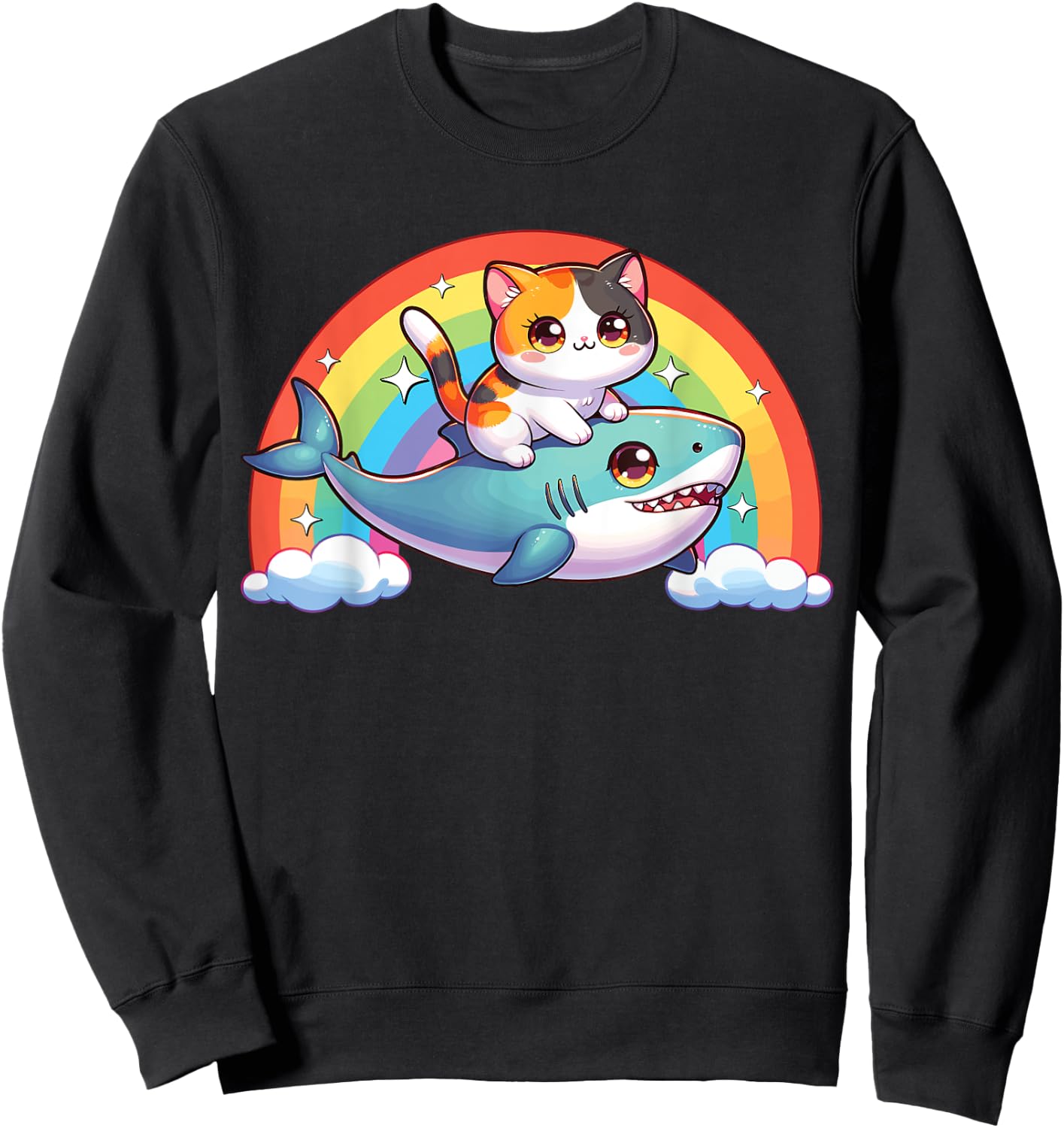 Cat Riding Shark, Kawaii Magical Calico Cat, Cat On Shark Sweatshirt - Sweatshirt | Black