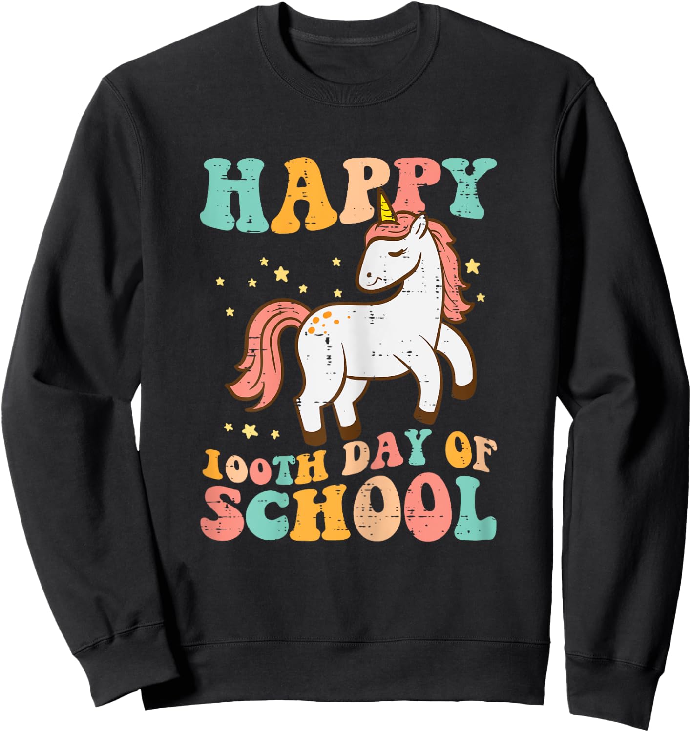 Happy 100th Day School Unicorn Retro 100th Day Women Girls Sweatshirt - Sweatshirt | Black