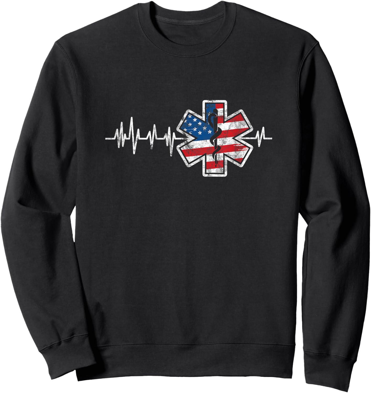 EMS Emergency Medical Service USA Flag Heartbeat 4th of July Sweatshirt - Sweatshirt | Black