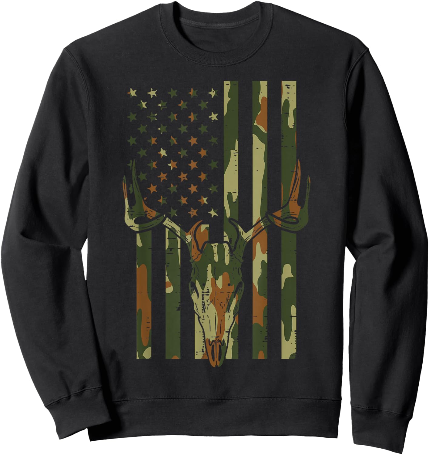 Camo US Flag Deer Skull Vintage Hunting Patriotic Hunt Dad Sweatshirt - Sweatshirt | Black