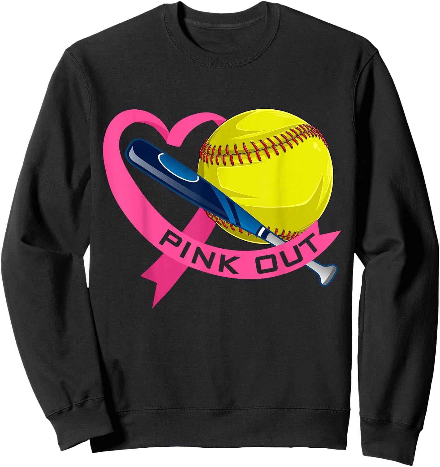 Pink Out Breast Cancer Pink Ribbon Heart With Softball Ball Sweatshirt - Sweatshirt | Black
