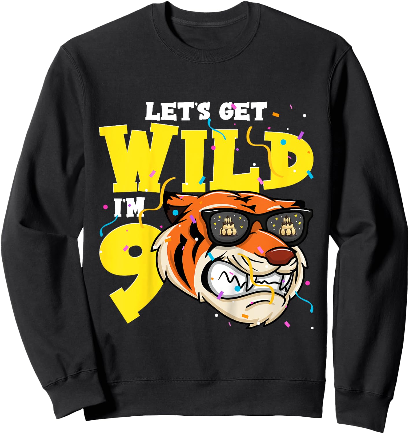 Kids 9th Birthday Tiger Lets Get Wild 9 Year Old Boy Girl Sweatshirt - Sweatshirt | Black