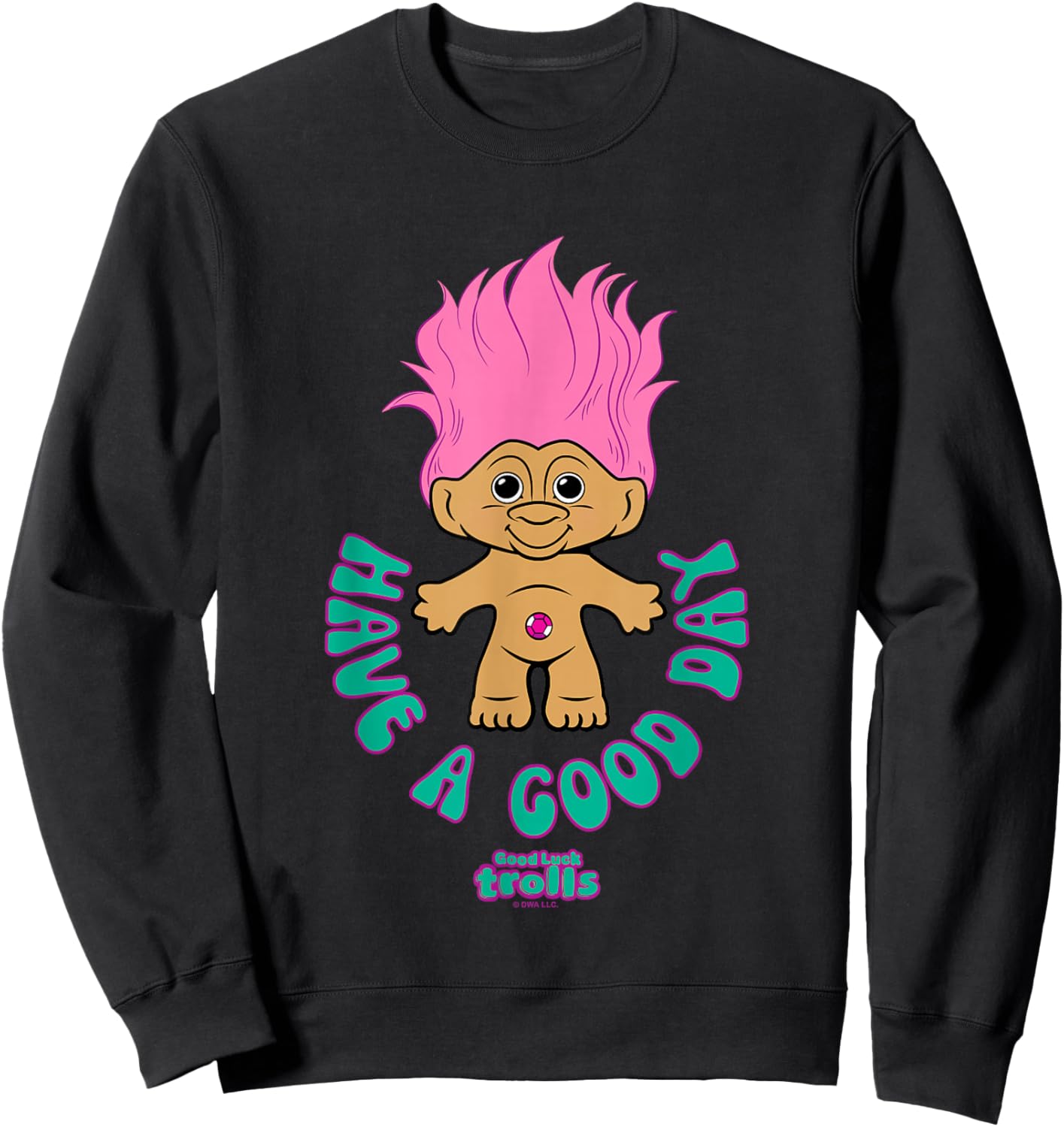 Good Luck Trolls Have A Good Day Cute Pink Troll Chest Logo Sweatshirt - Sweatshirt | Black