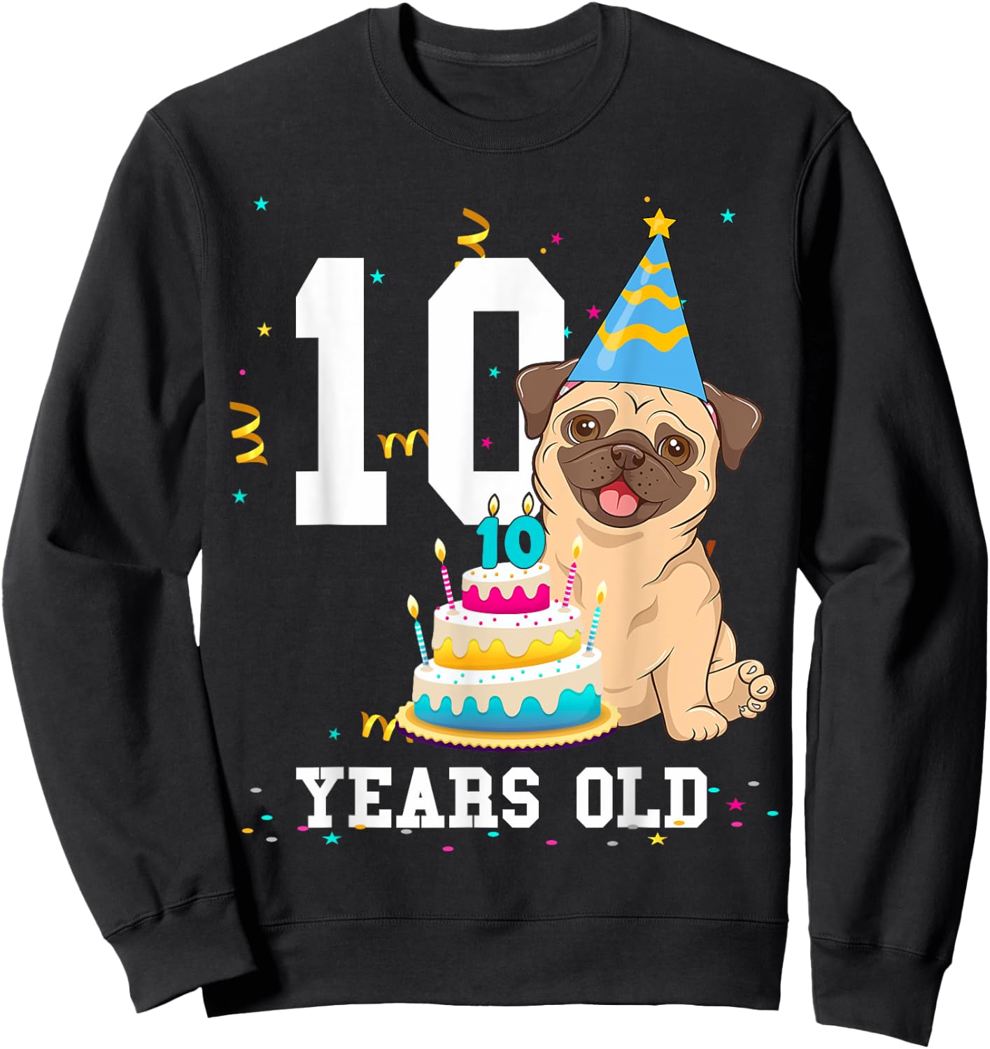 10 Years Old Birthday Pug Dog Lover Party Kids Boys Girls Sweatshirt - Sweatshirt | Black