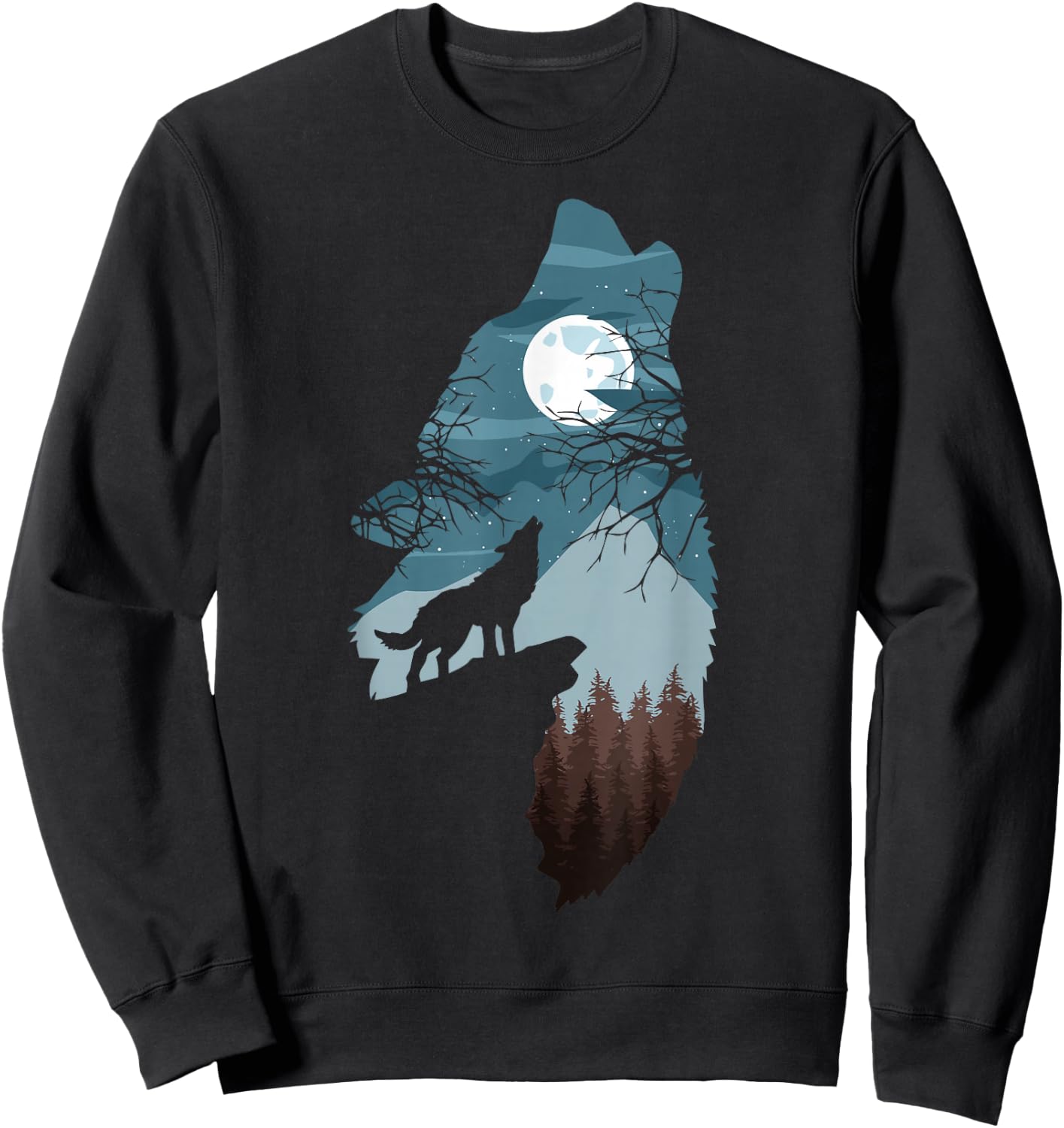 Forest with Full-Moon and Cliff of Silhouette Howling Wolf Sweatshirt - Sweatshirt | Black