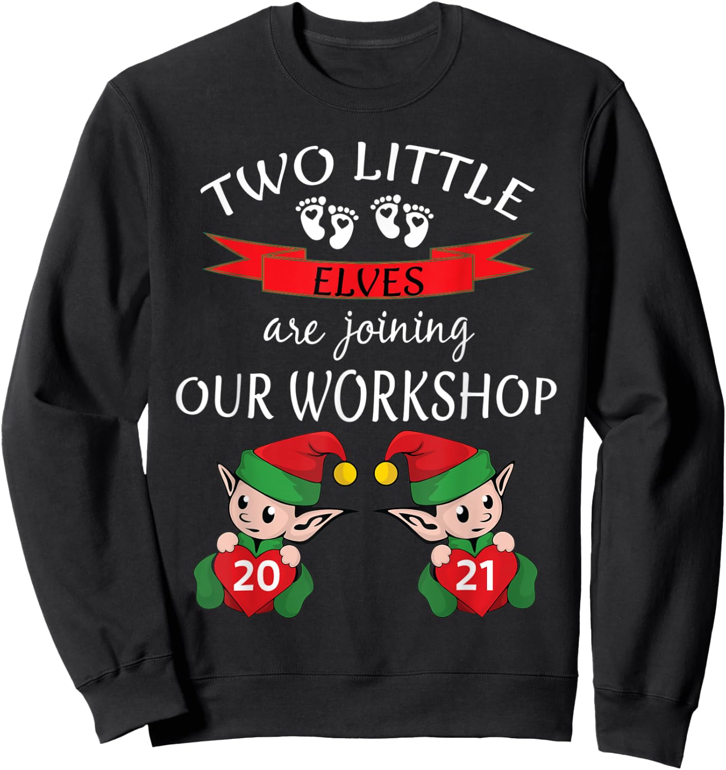 Cute 2021 Twins Christmas Pregnancy New Mom Baby Reveal Elf Sweatshirt - Sweatshirt | Black