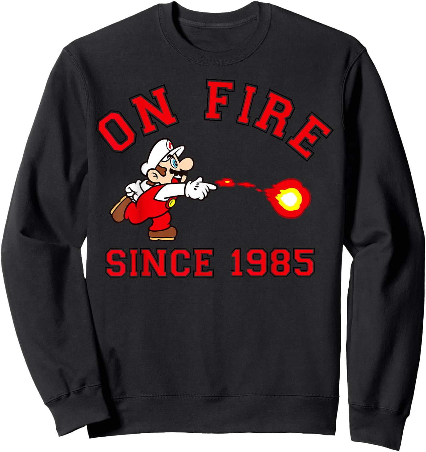 Super Mario Bros On Fire Since 1985 Red Text Collegiate Sweatshirt - Sweatshirt | Black