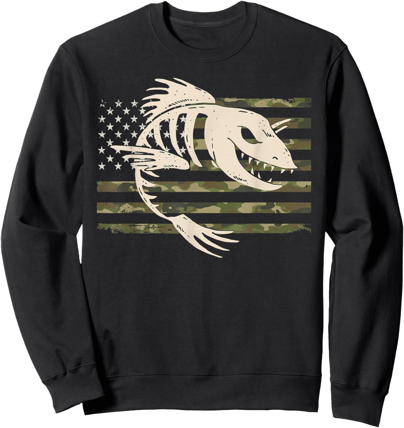 Fish Bones Skeleton Camo US American Flag Camouflage Fishing Men Sweatshirt - Sweatshirt | Black