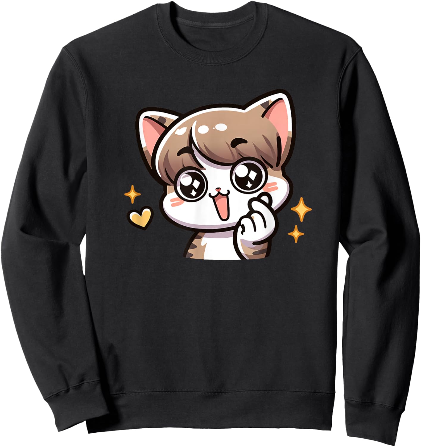 Funny Cat Cartoon Finger-heart K-pop Korean Men Women Kids Sweatshirt - Sweatshirt | Black