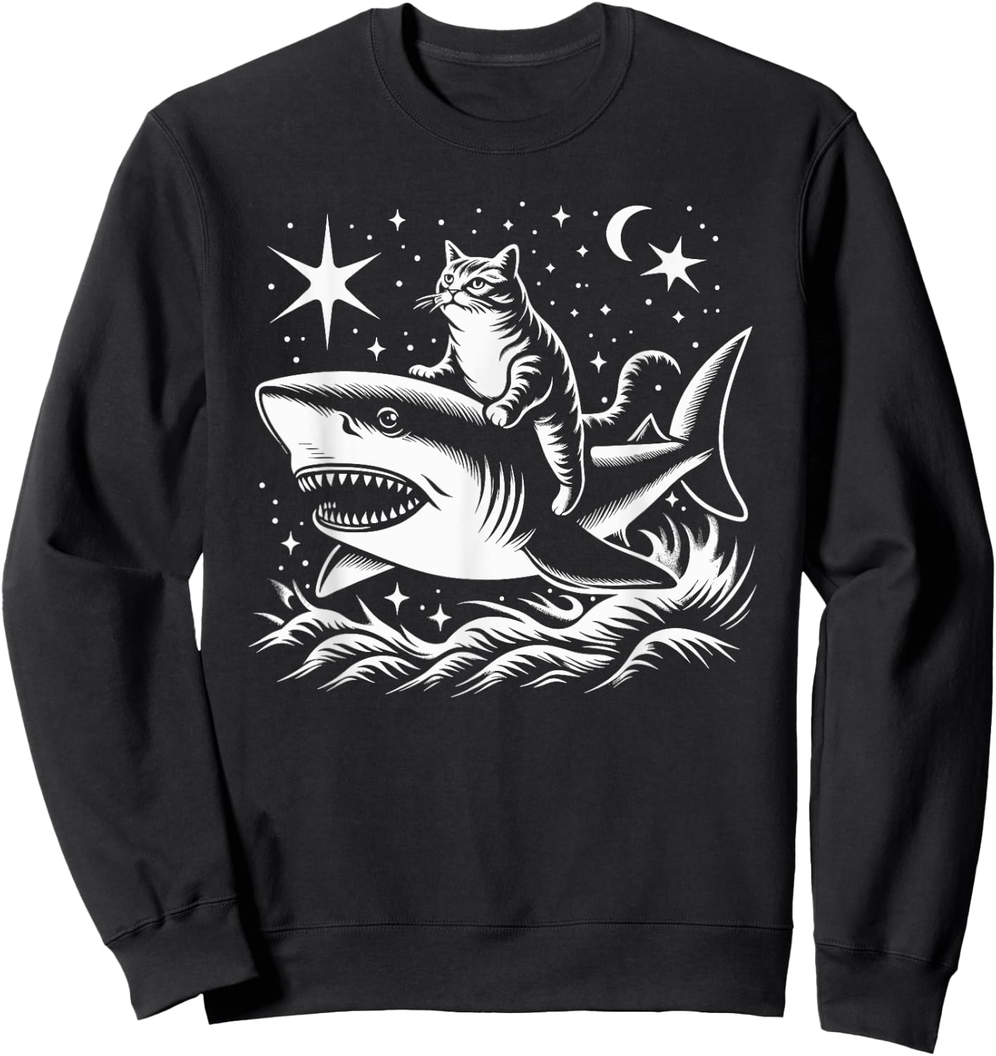 Cute Anime Cat Riding Shark Lover Kawaii Kitten Lover Kids Sweatshirt - Sweatshirt | Black