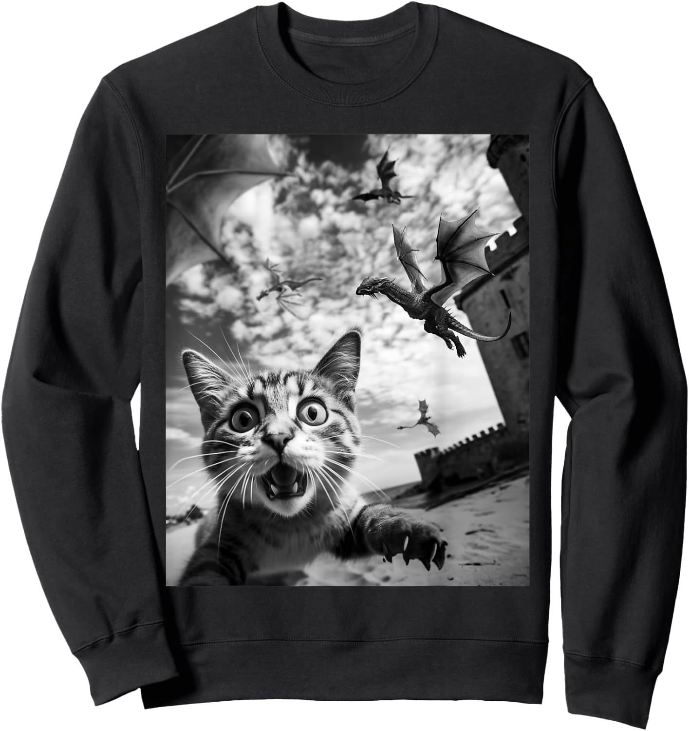 Funny Cat Selfie with Dragons Sweatshirt - Sweatshirt | Black
