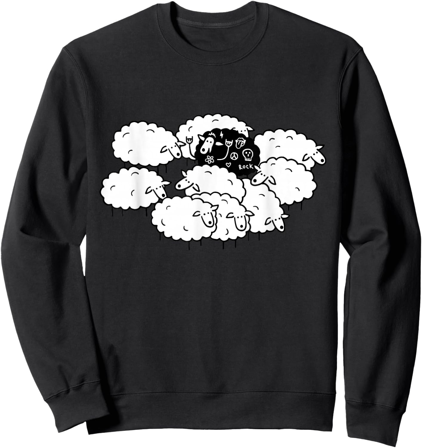 Rock-n-Roll Peace Love Black Sheep Funny Animals Graphic Art Sweatshirt - Sweatshirt | Black