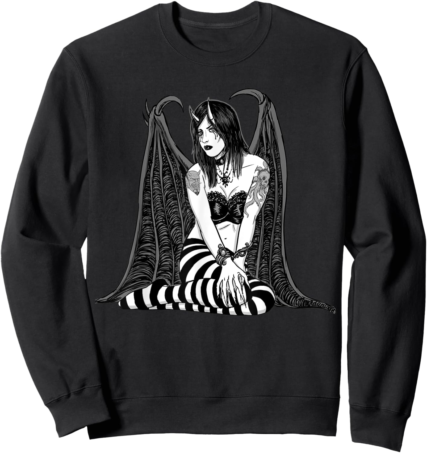 SEXY GOTH DEMONESS VAMPIRE HORROR Undead Illustrated Sweatshirt - Sweatshirt | Black