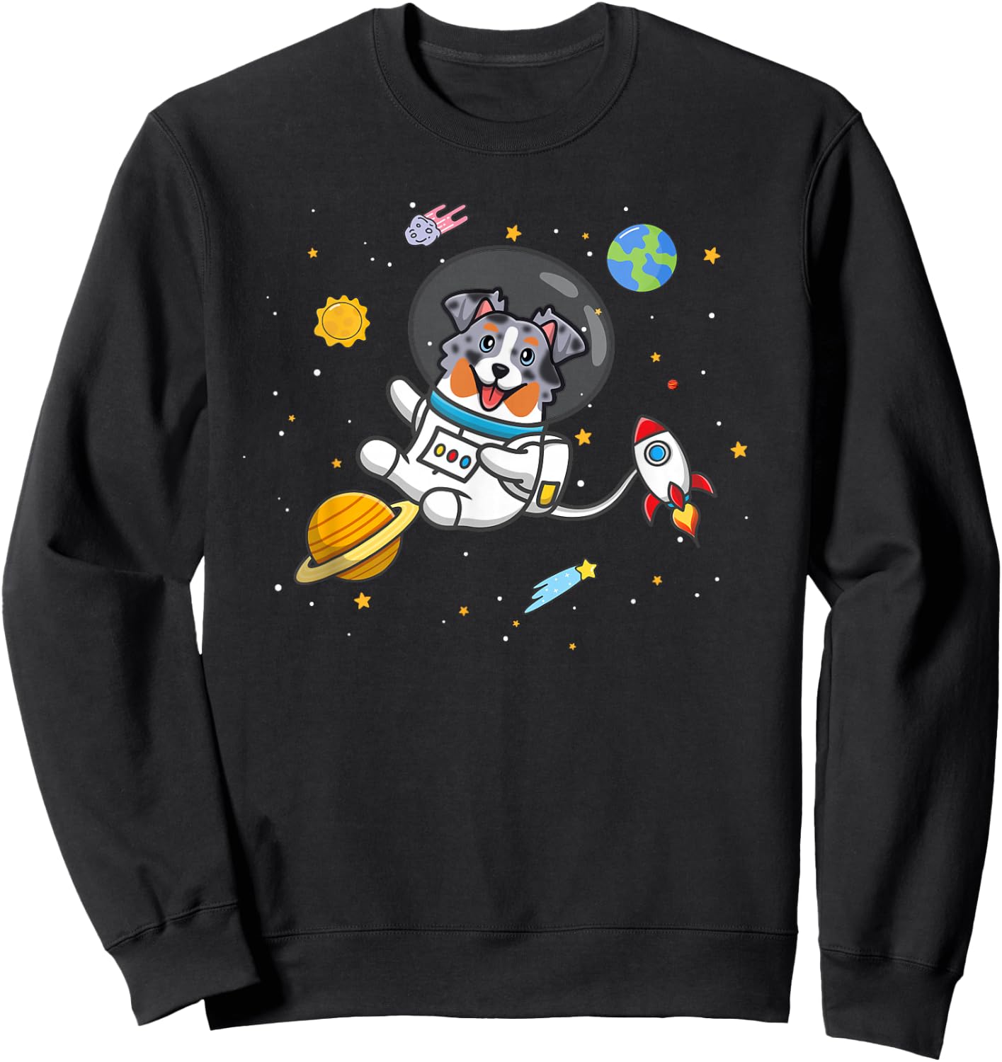 Funny Kawaii Kids Space Blue Merle Australian Shepherd Lover Sweatshirt - Sweatshirt | Black