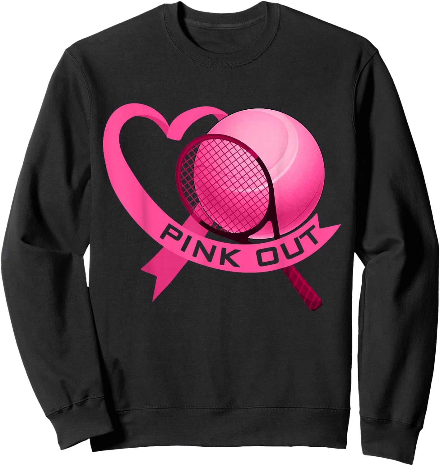 Pink Out Breast Cancer Pink Ribbon Heart With Tennis Ball Sweatshirt - Sweatshirt | Black