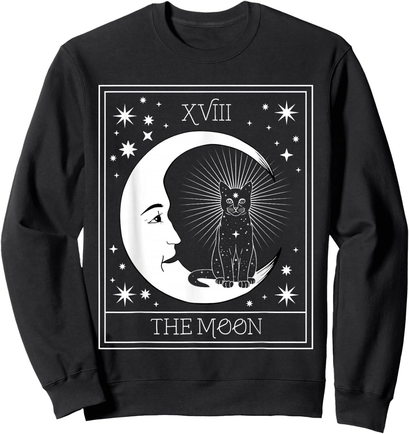 Tarot Card Crescent Moon and Black Cat Cosmic Graphic Sweatshirt - Sweatshirt | Black